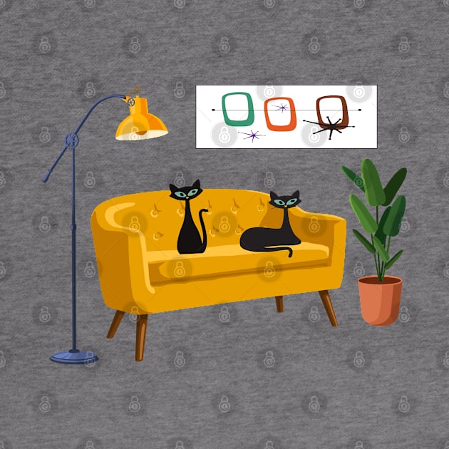 Mid Century Cats on Yellow Retro Sofa by Lisa Williams Design